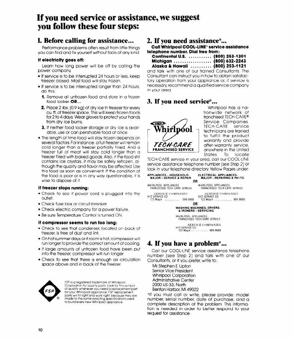 Before calling for assistance, If you need assistance, If you need service | If you have a problem, Rfc^-ca/^f | Whirlpool EV110E User Manual | Page 10 / 12