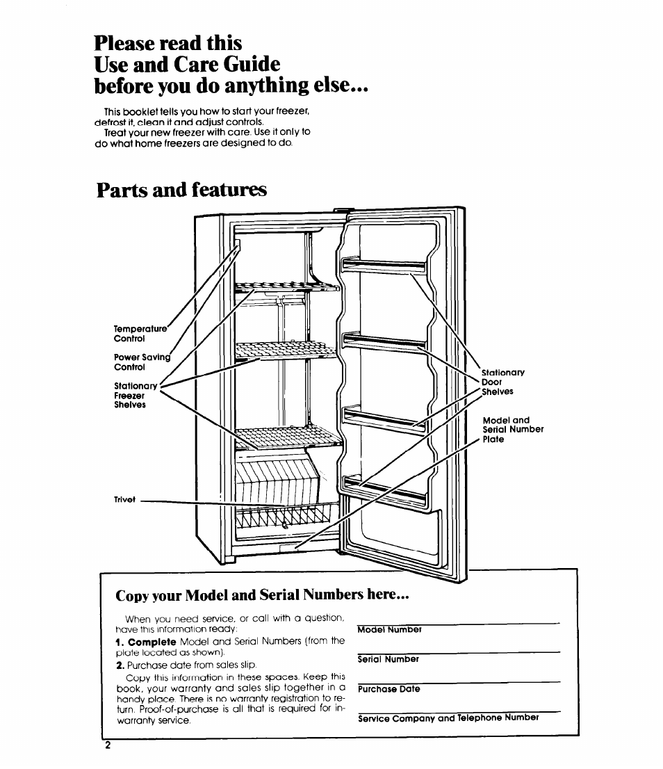 Please read this, Use and care guide, Before you do anything else | Parts and features, Copy your model and serial numbers here | Whirlpool EV110E User Manual | Page 2 / 12