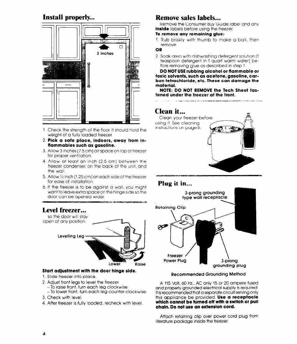 Install properly, Remove sales labels, Clean it | Plug it in, Level freezer | Whirlpool EV110E User Manual | Page 4 / 12