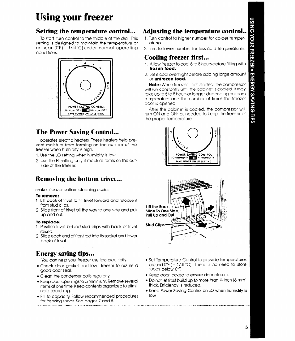 The power saving control, Cooling freezer first, Removing the bottom trivet | Energy saving tips, Cooling freezer first the power saving control, Removing the bottom trivet energy saving tips, Using your freezer | Whirlpool EV110E User Manual | Page 5 / 12