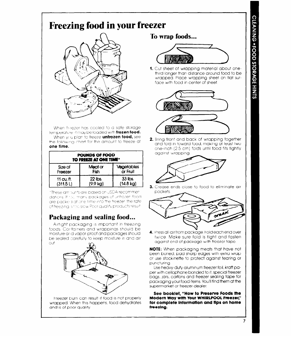 Freezing food in your freezer, To nrap foods, Packaging and sealing food | To wrap foods | Whirlpool EV110E User Manual | Page 7 / 12