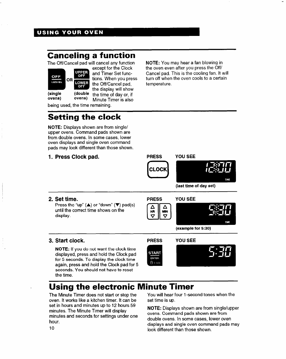 Canceling a function, Setting the clock, Press clock pad | Press, Clock, You see, Set time, Start clock, Using the electronic minute timer, I u : u u | Whirlpool RBD245PD User Manual | Page 10 / 47