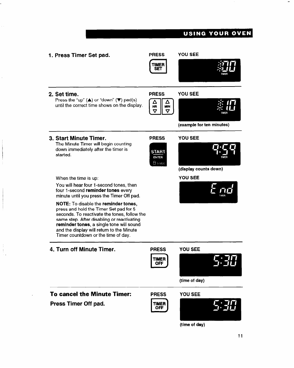 Press timer set pad, Press, You see | Set time, Start minute timer, Turn off minute timer, To cancel the minute timer: press timer off pad, L - j i, L f l u, J ' j u | Whirlpool RBD245PD User Manual | Page 11 / 47