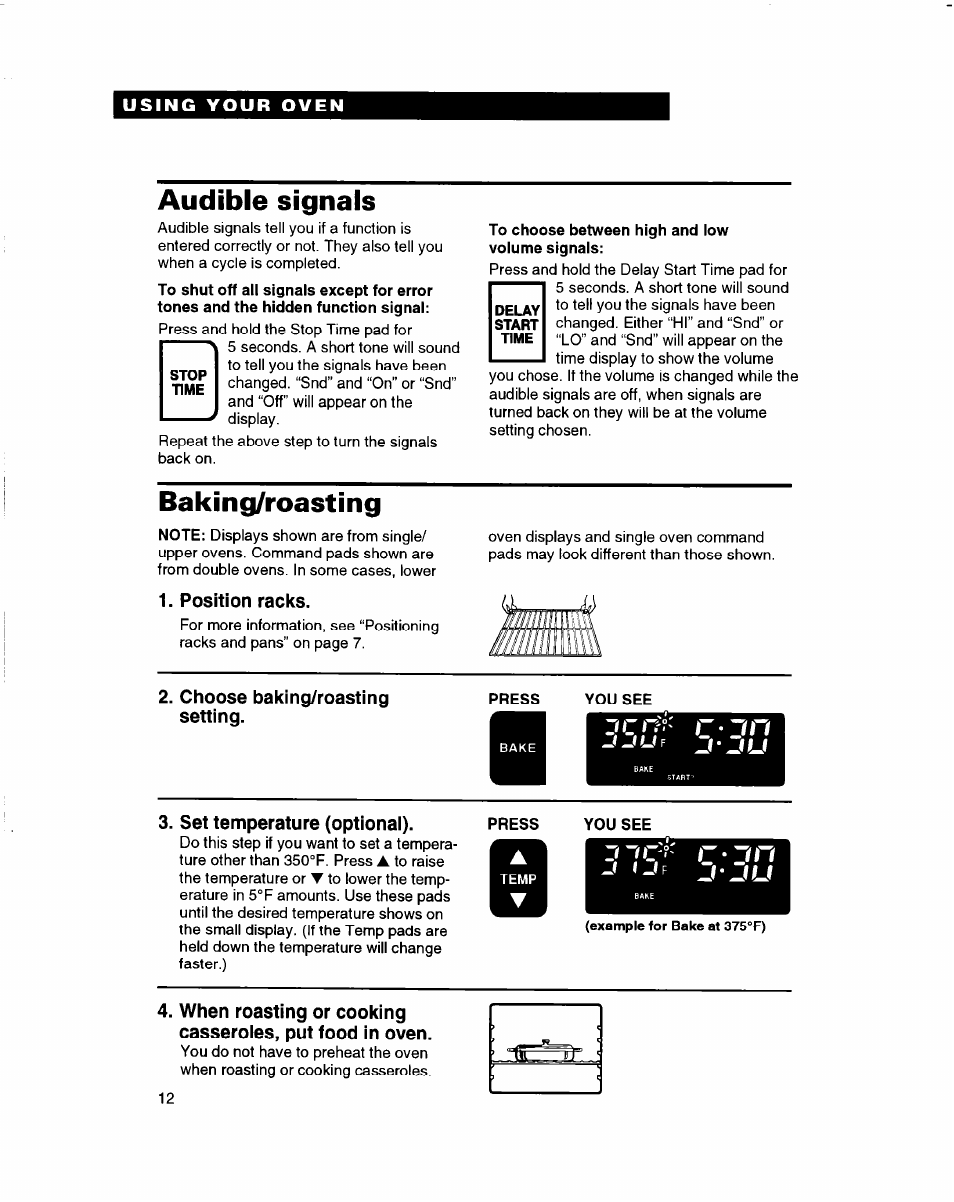 Audible signals, To choose between high and iow voiume signais, Baking/roasting | Position racks, Choose baking/roasting setting, Press you see, Set temperature (optional), J ‘-'f zi ju | Whirlpool RBD245PD User Manual | Page 12 / 47