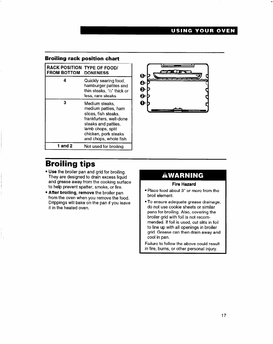 Broiling tips, Fire hazard, Awarning | Broiling rack position chart | Whirlpool RBD245PD User Manual | Page 17 / 47