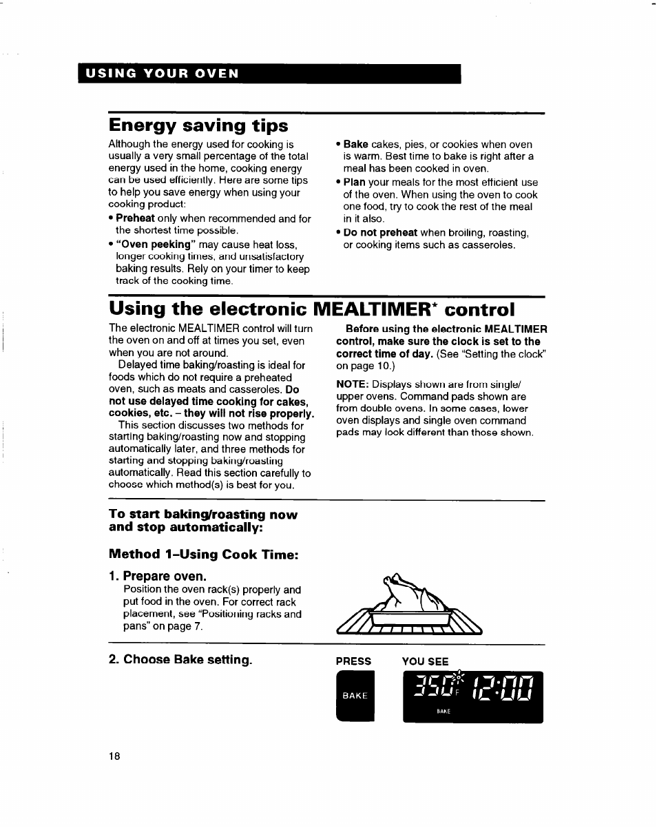 Energy saving tips, Using the electronic mealtimer'^ control, Method 1-using cook time | Prepare oven, Choose bake setting, Press, You see, I l u u | Whirlpool RBD245PD User Manual | Page 18 / 47