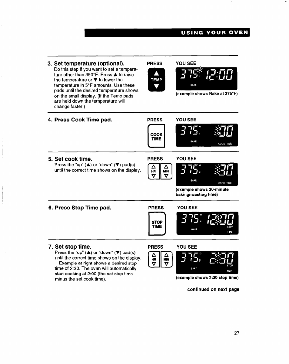 Set temperature (optional), Press cook time pad, Set cook time | Press stop time pad, Set stop time, Zjnc/ l^inn, 11^-uu, Il?ruu, Jnn?' t j - n n | Whirlpool RBD245PD User Manual | Page 27 / 47