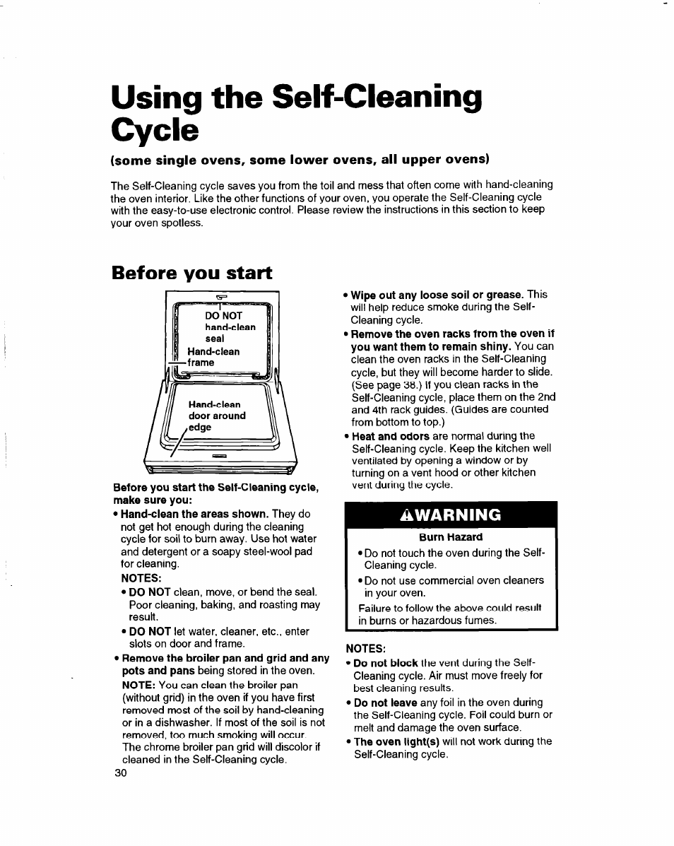 Using the self-cleaning cycle, Before you start, Notes | Burn hazard, Warning | Whirlpool RBD245PD User Manual | Page 30 / 47