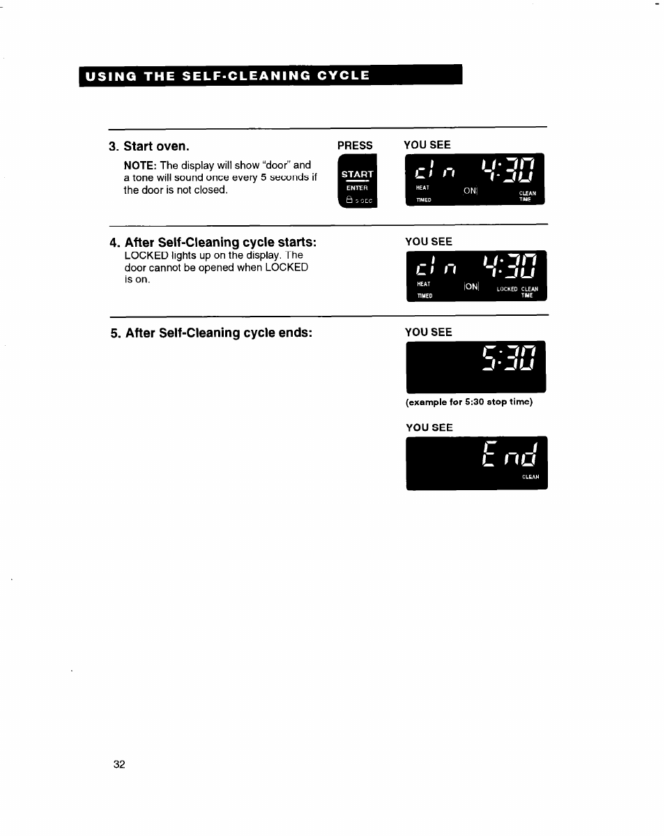 Start oven, After self-cleaning cycle starts, After self-cleaning cycle ends | U- jn, U ‘ j n, J j u | Whirlpool RBD245PD User Manual | Page 32 / 47