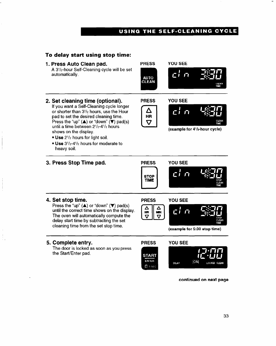 Set cleaning time (optional), Press, Press stop time pad | You see, Set stop time, Press you see, Complete entry, Lf'ion | Whirlpool RBD245PD User Manual | Page 33 / 47