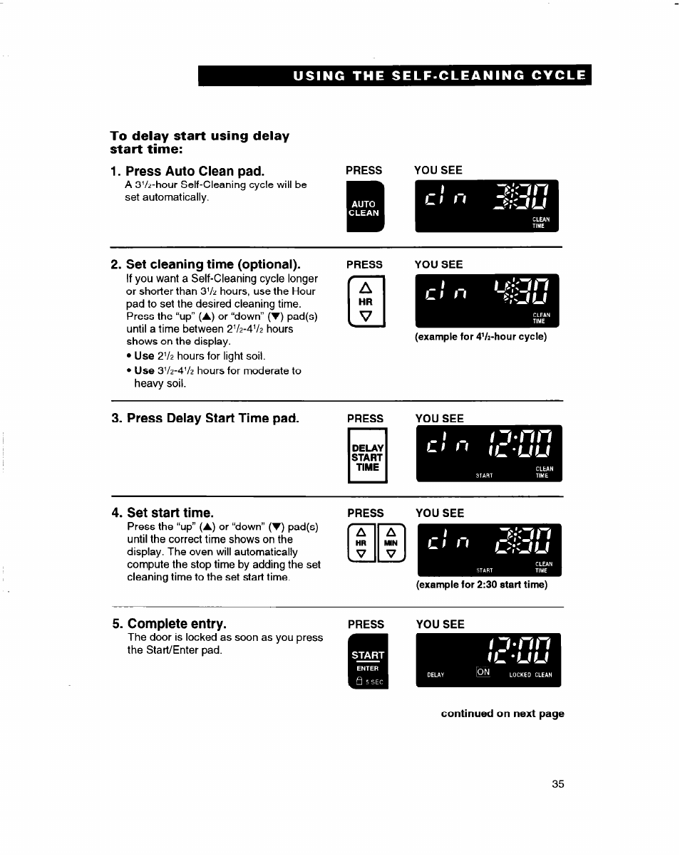 To delay start using delay start time, Press auto clean pad, Set cleaning time (optional) | Press delay start time pad, Set start time, Compiete entry, U:uu, L i i i | Whirlpool RBD245PD User Manual | Page 35 / 47