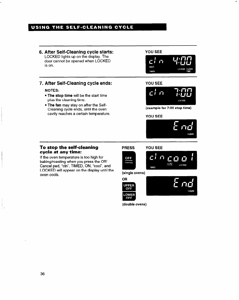 After self-cleaning cycle starts, After self-cleaning cycle ends, To stop the self-cleaning cycle at any time | C o u i, I ' u u, L i l u, Ij-nn | Whirlpool RBD245PD User Manual | Page 36 / 47