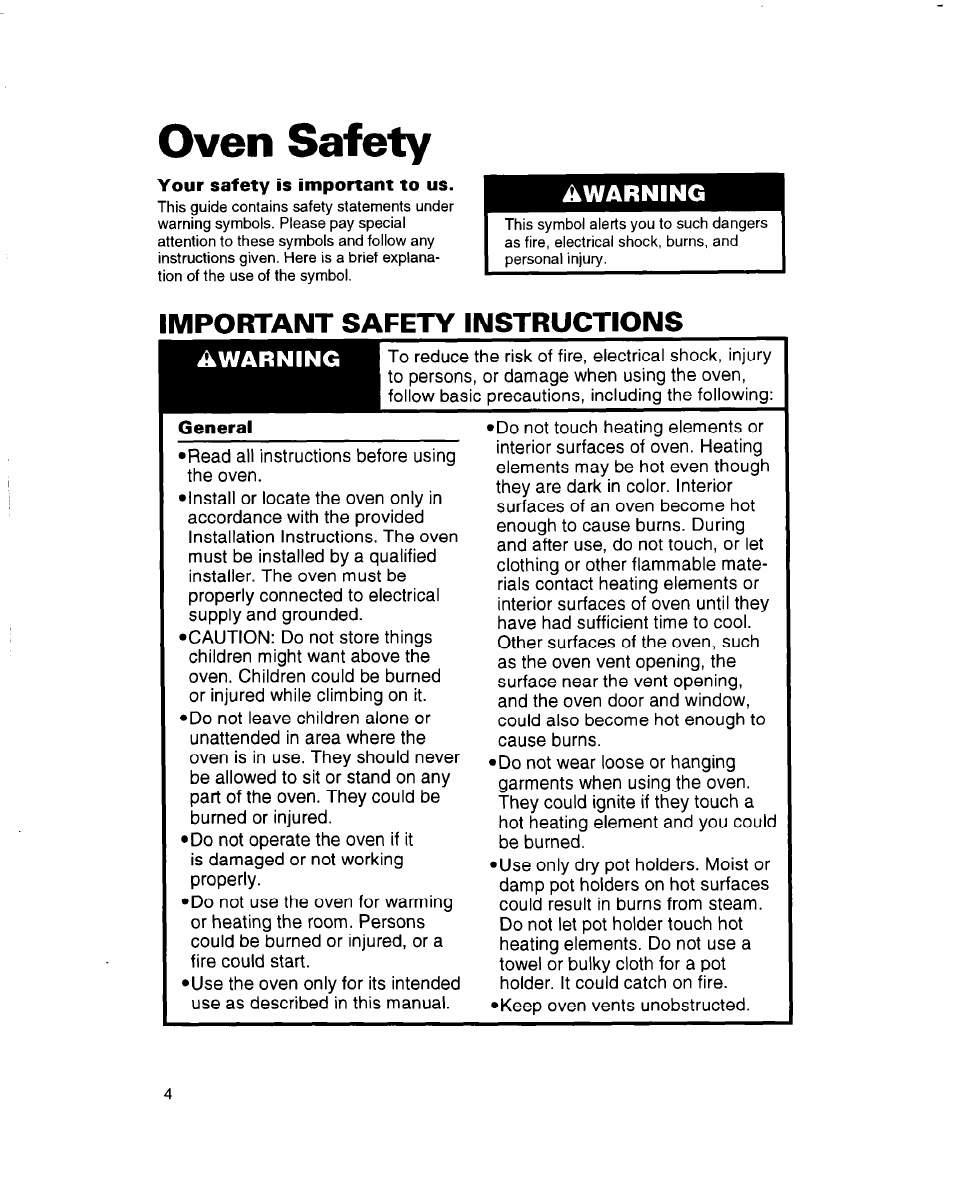 Oven safety, Important safety instructions, General | Warning, Awarning | Whirlpool RBD245PD User Manual | Page 4 / 47