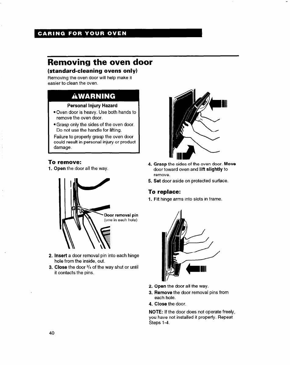 Removing the oven door, Standard-cleaning ovens only), To remove | To replace, Warning | Whirlpool RBD245PD User Manual | Page 40 / 47