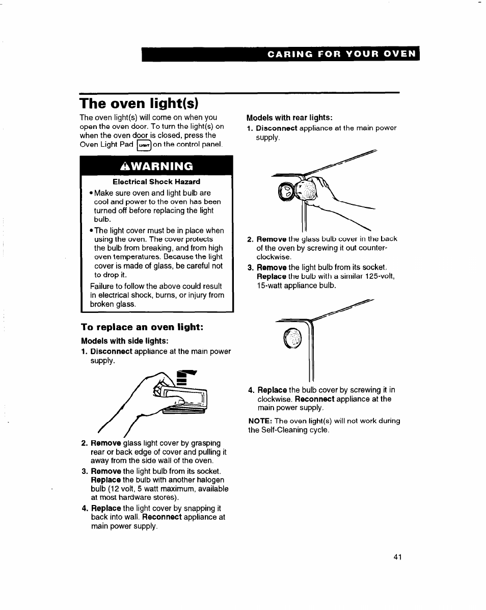 The oven light(s), Electrical shock hazard, To replace an oven light | Models with rear lights, Warning | Whirlpool RBD245PD User Manual | Page 41 / 47