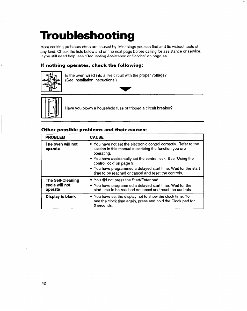 Troubleshooting, If nothing operates, check the following, Other possible problems and their causes | Whirlpool RBD245PD User Manual | Page 42 / 47