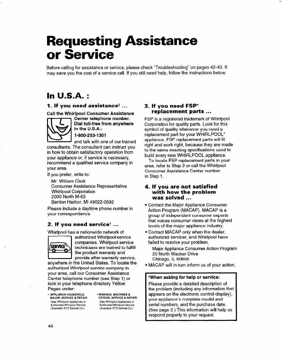 Requesting assistance or service, In u.s.a, If you need assistance | If you need service, If you need fsp* * replacement parts | Whirlpool RBD245PD User Manual | Page 44 / 47