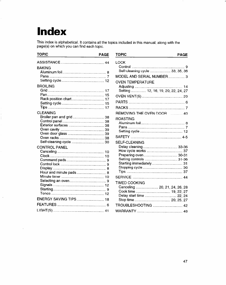 Index, Topic | Whirlpool RBD245PD User Manual | Page 46 / 47