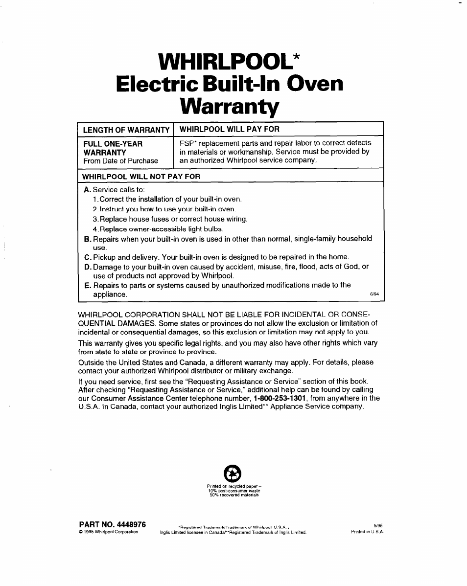 Whirlpool* electric built-in oven warranty, Length of warranty, Whirlpool will pay for | Full one-year warranty, Whirlpool will not pay for, Part no. 4448976 | Whirlpool RBD245PD User Manual | Page 47 / 47