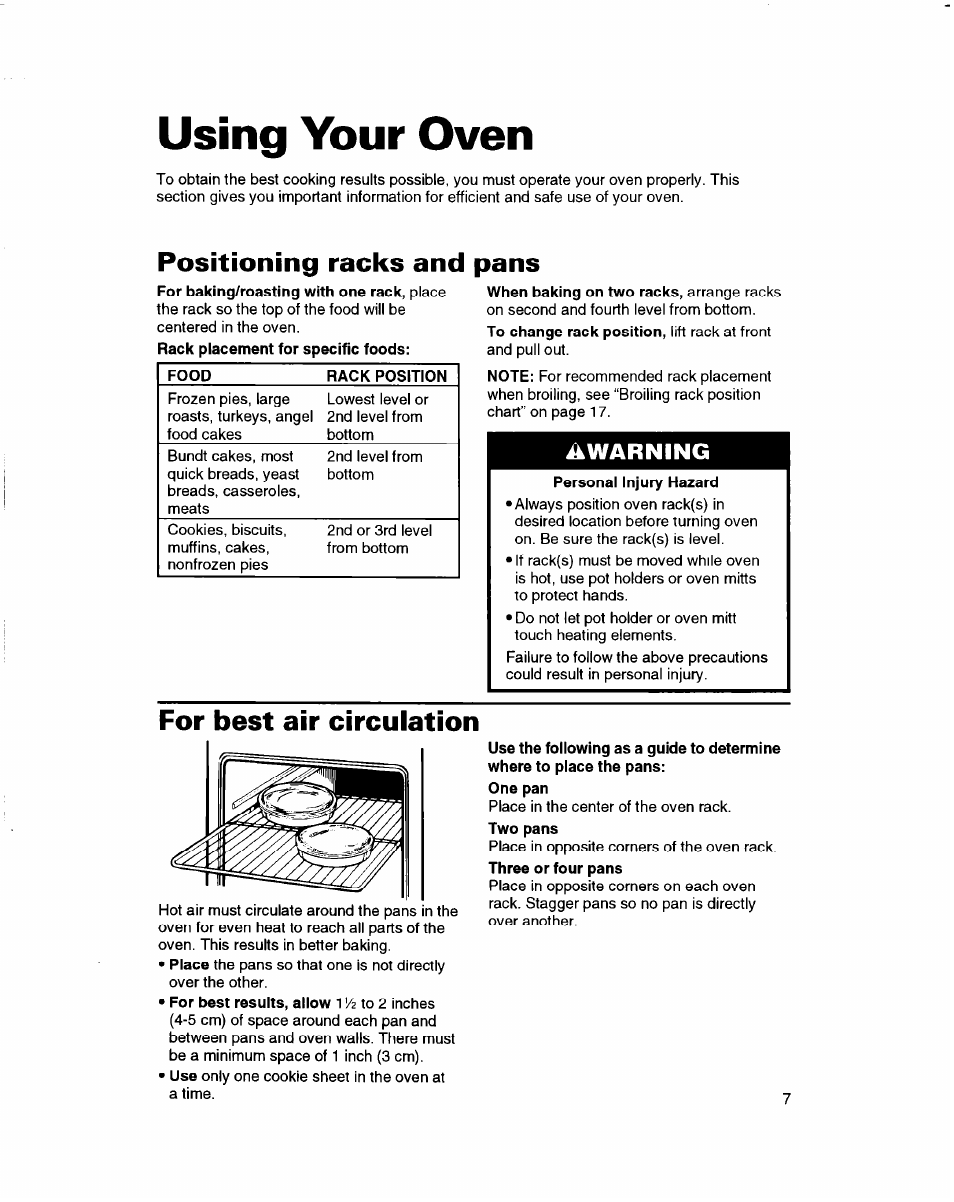Using your oven, Positioning racks and pans, For best air circulation | Warning | Whirlpool RBD245PD User Manual | Page 7 / 47