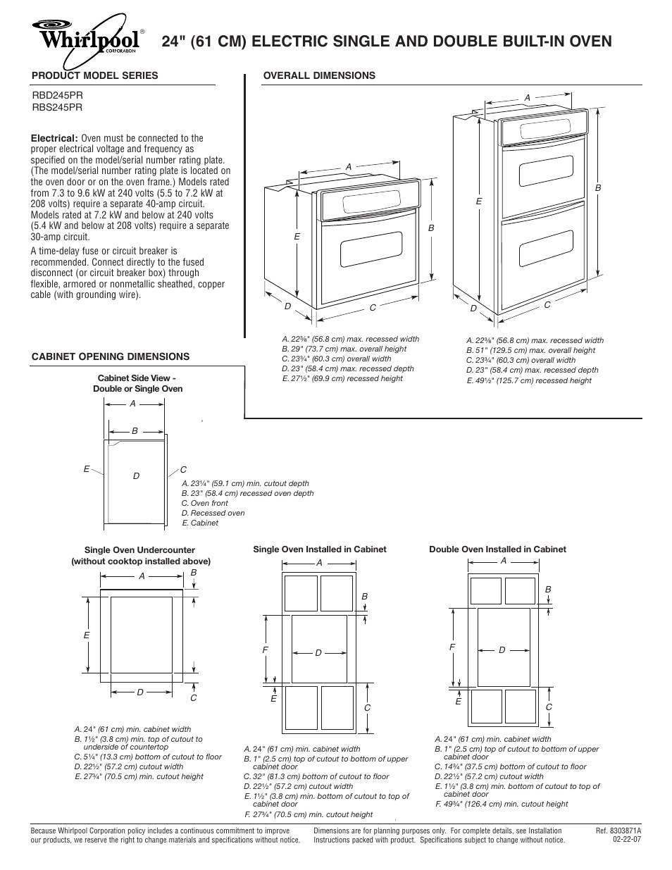 Whirlpool RBD245PR User Manual | 1 page