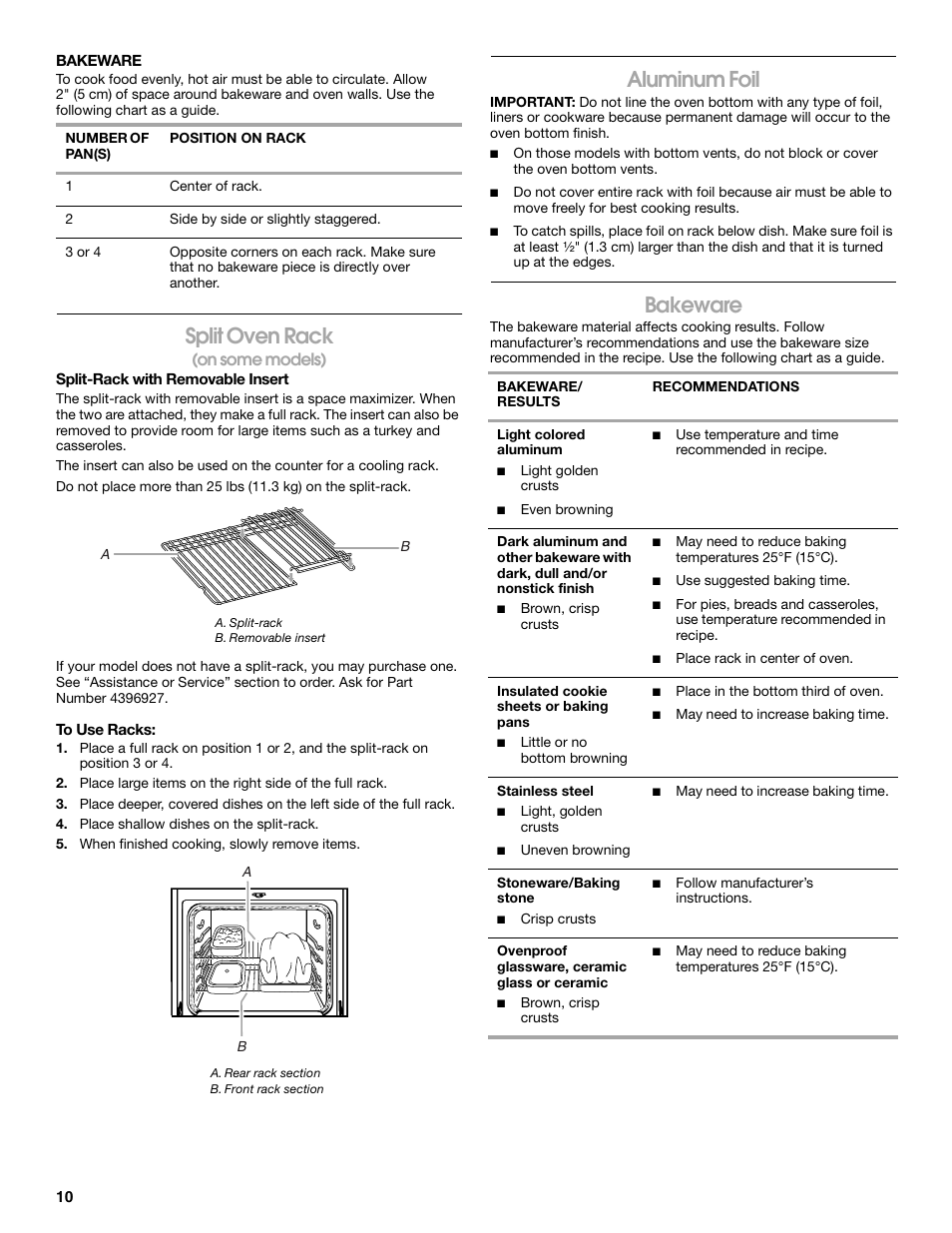 Split oven rack, Aluminum foil, Bakeware | On some models) | Whirlpool 9762362A User Manual | Page 10 / 20