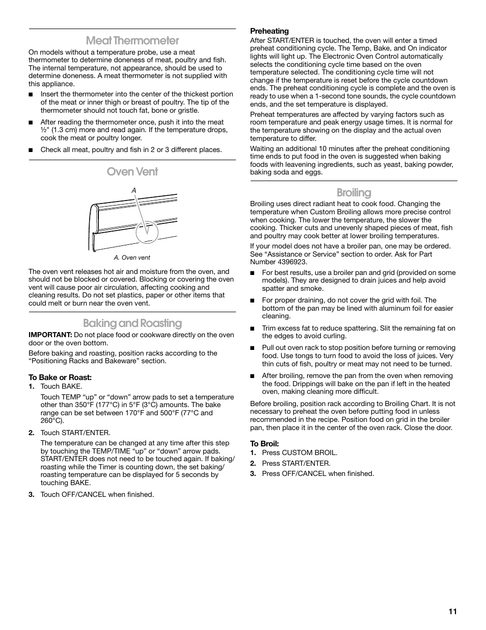 Meat thermometer, Oven vent, Baking and roasting | Broiling | Whirlpool 9762362A User Manual | Page 11 / 20