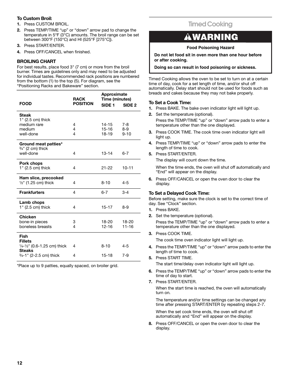Warning, Timed cooking | Whirlpool 9762362A User Manual | Page 12 / 20