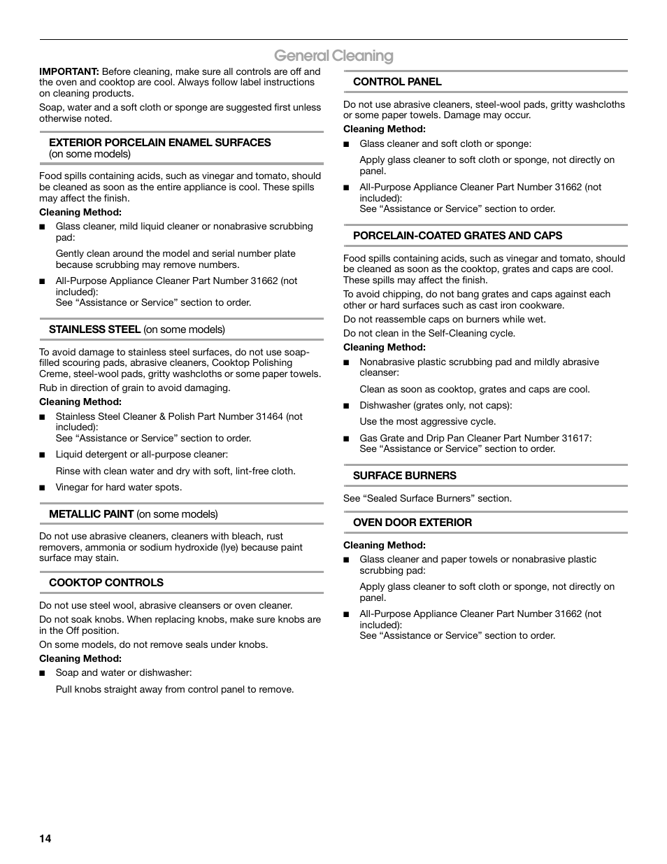 General cleaning | Whirlpool 9762362A User Manual | Page 14 / 20