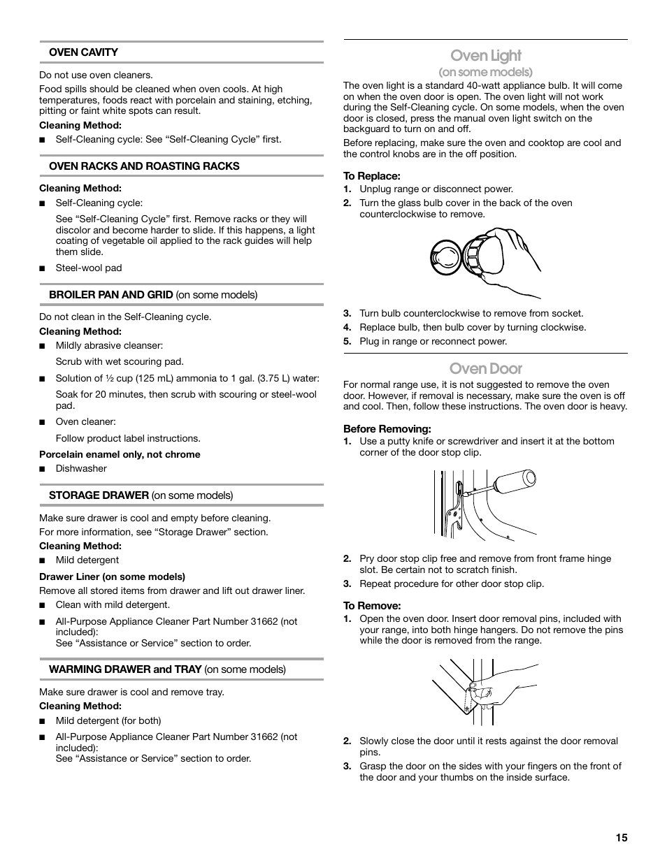 Oven light, Oven door | Whirlpool 9762362A User Manual | Page 15 / 20