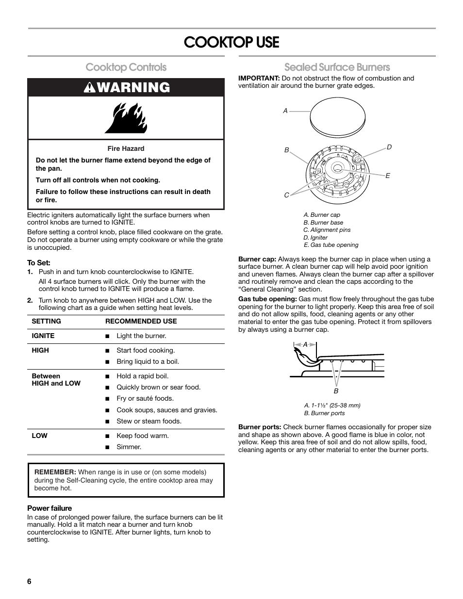 Cooktop use, Warning, Cooktop controls | Sealed surface burners | Whirlpool 9762362A User Manual | Page 6 / 20
