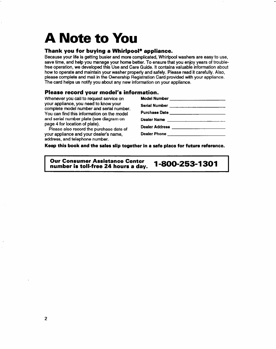 A note to you, Thank you for buying a whirlpool* appliance, Please record your model's information | Whirlpool LSC9355DQ0 User Manual | Page 2 / 25