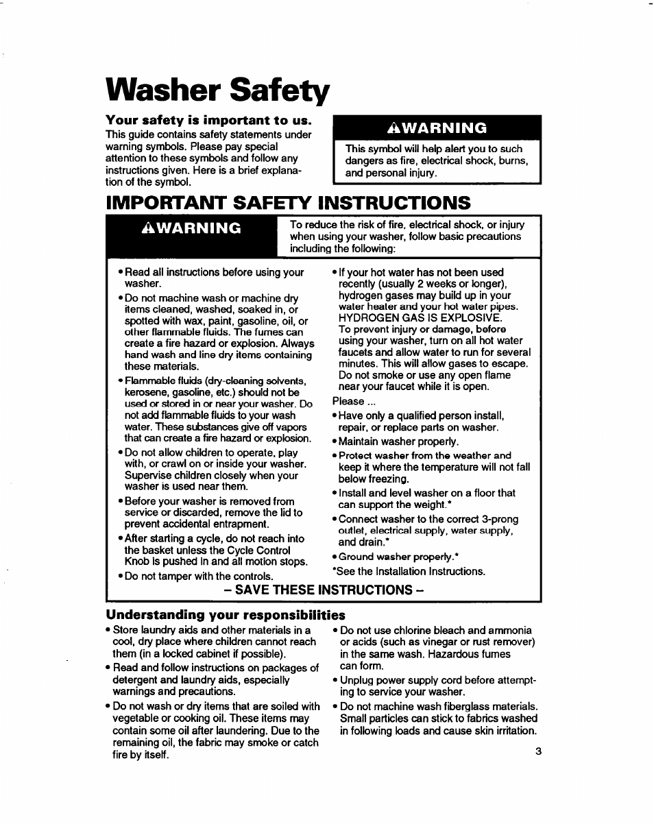 Washer safety, Your safety is important to us, Important safety instructions | Save these instructions, Understanding your responsibilities, Ikwarning, Warning | Whirlpool LSC9355DQ0 User Manual | Page 3 / 25