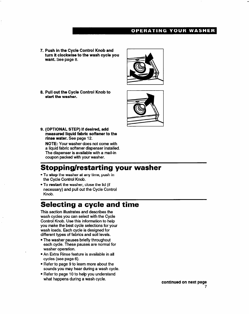 Stopping/restarting your washer, Selecting a cycle and time | Whirlpool LSC9355DQ0 User Manual | Page 7 / 25