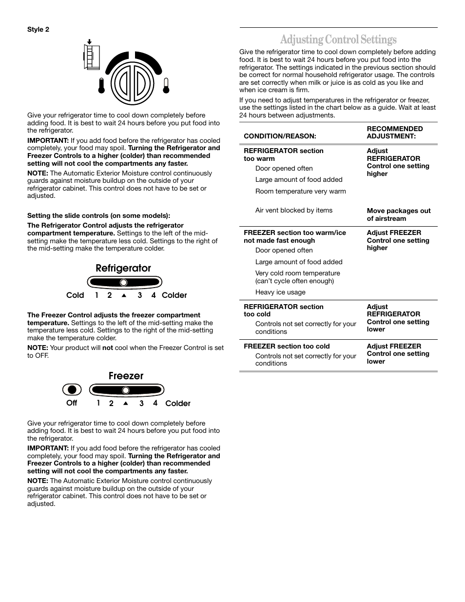 Adjusting control settings, Refrigerator, Freezer | Whirlpool 2211657 User Manual | Page 10 / 93