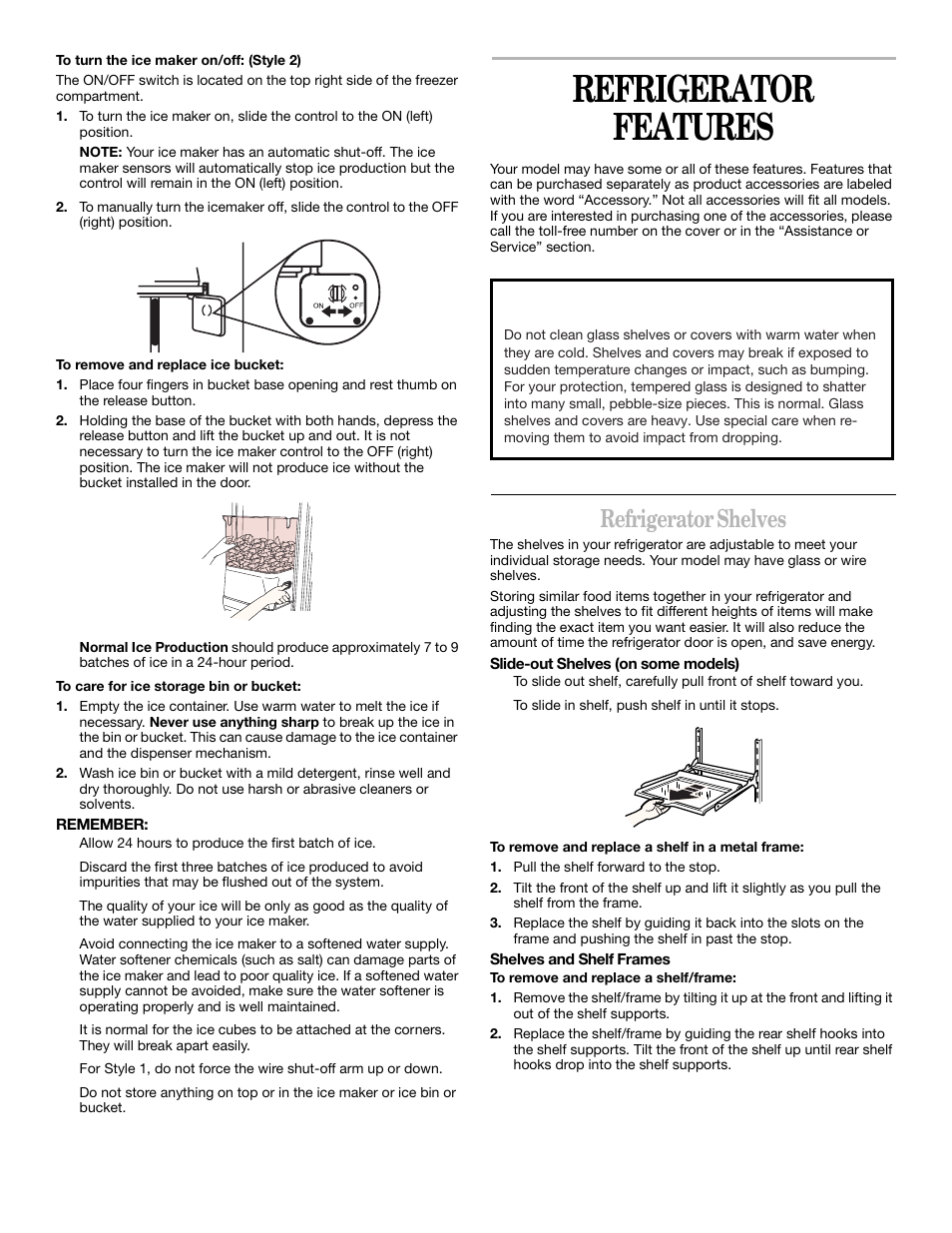 Refrigerator features, Refrigerator shelves | Whirlpool 2211657 User Manual | Page 14 / 93