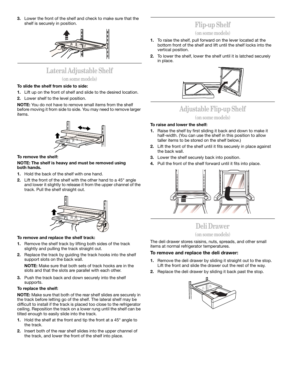 Lateral adjustable shelf, Flip-up shelf, Adjustable flip-up shelf | Deli drawer | Whirlpool 2211657 User Manual | Page 15 / 93