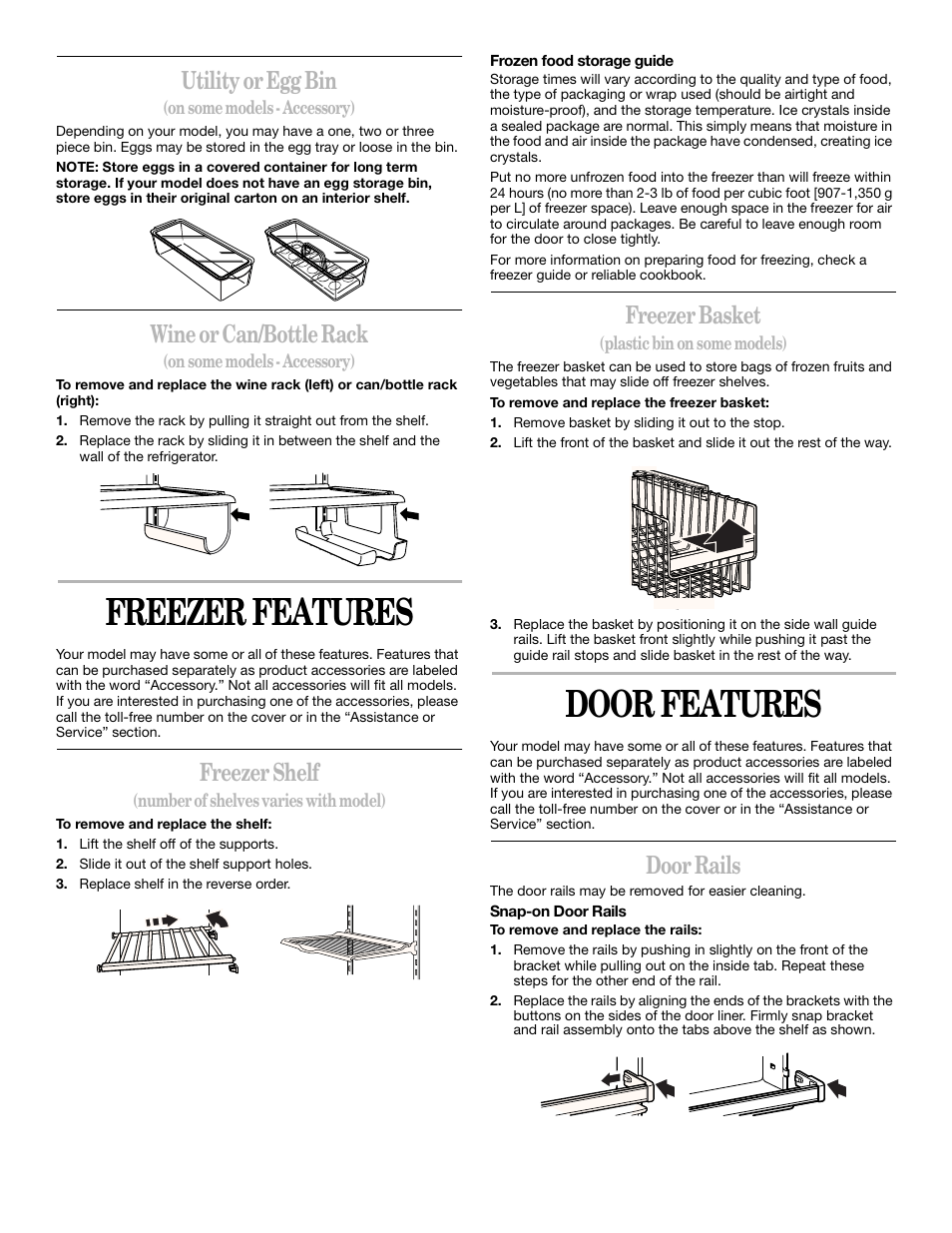 Freezer features, Door features, Utility or egg bin | Wine or can/bottle rack, Freezer shelf, Freezer basket, Door rails | Whirlpool 2211657 User Manual | Page 17 / 93