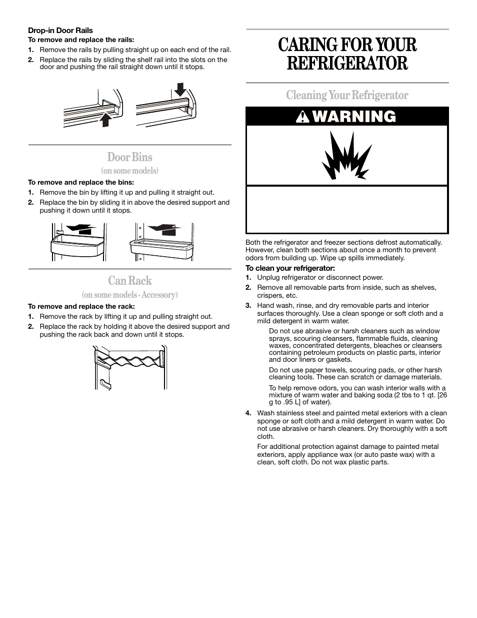 Caring for your refrigerator, Door bins, Can rack | Cleaning your refrigerator | Whirlpool 2211657 User Manual | Page 18 / 93