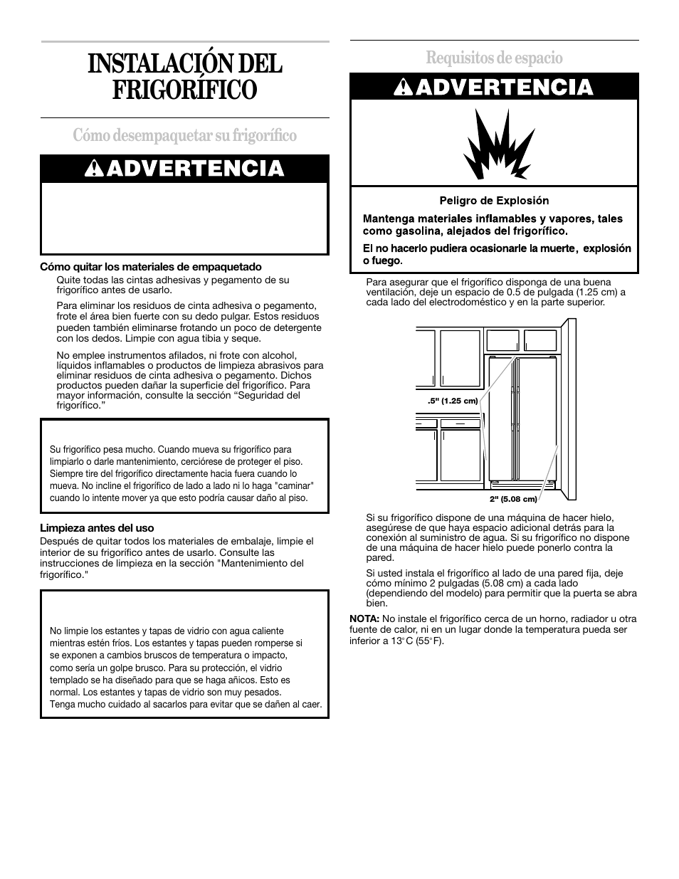 Instalación del frigorífico, Cómo desempaquetar su frigorífico, Requisitos de espacio | Whirlpool 2211657 User Manual | Page 27 / 93