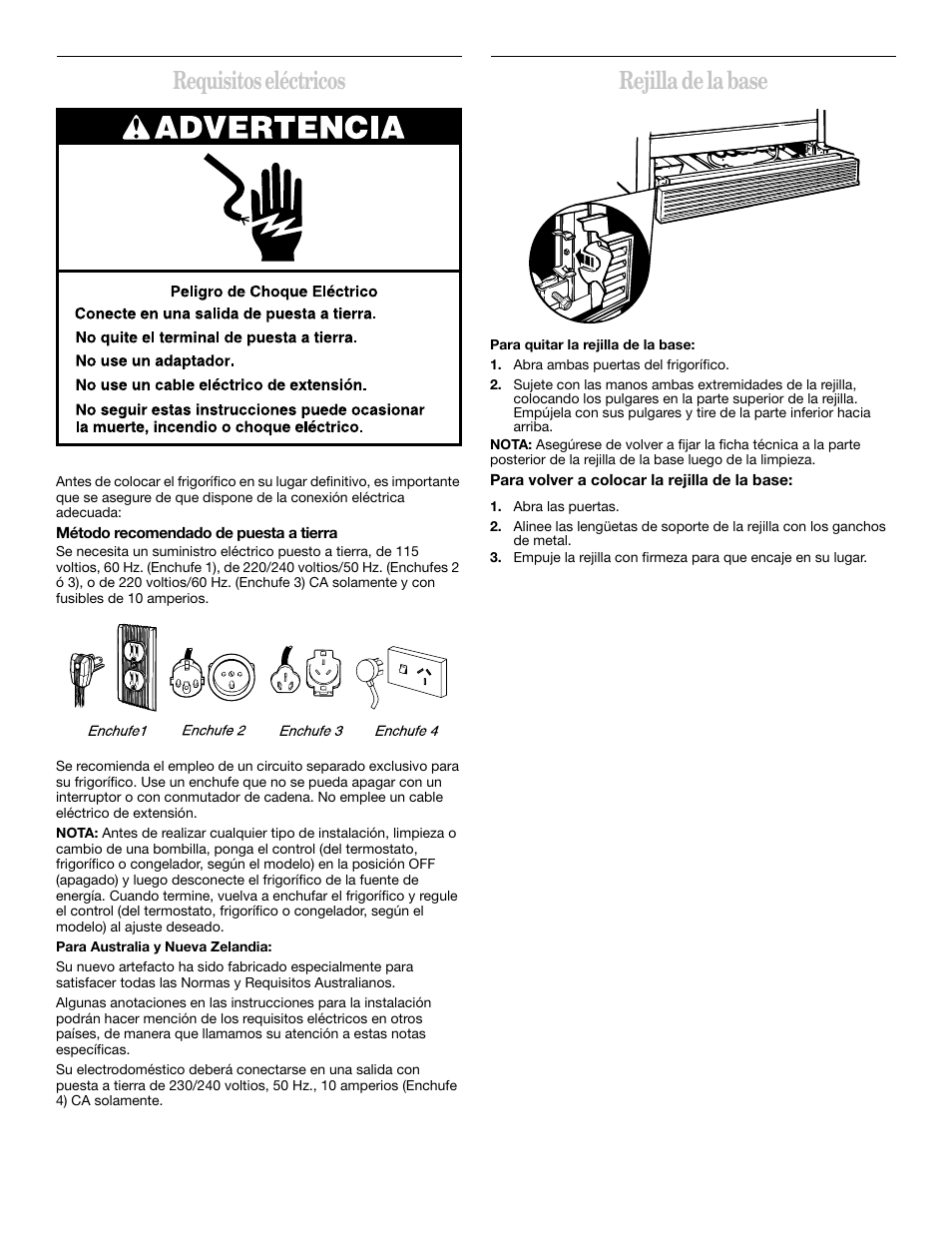 Requisitos eléctricos, Rejilla de la base | Whirlpool 2211657 User Manual | Page 28 / 93