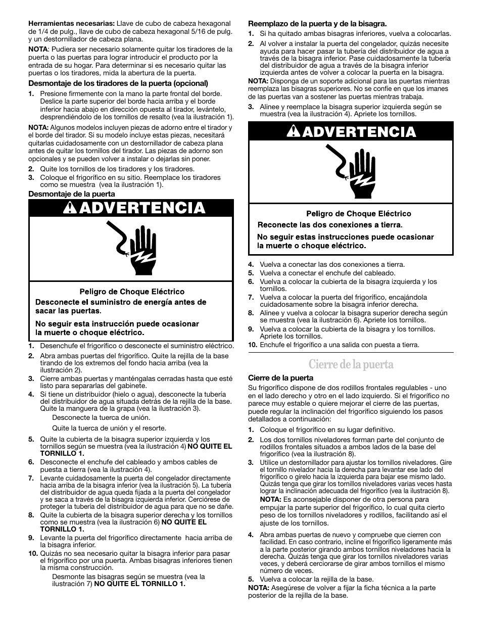 Cierre de la puerta | Whirlpool 2211657 User Manual | Page 30 / 93