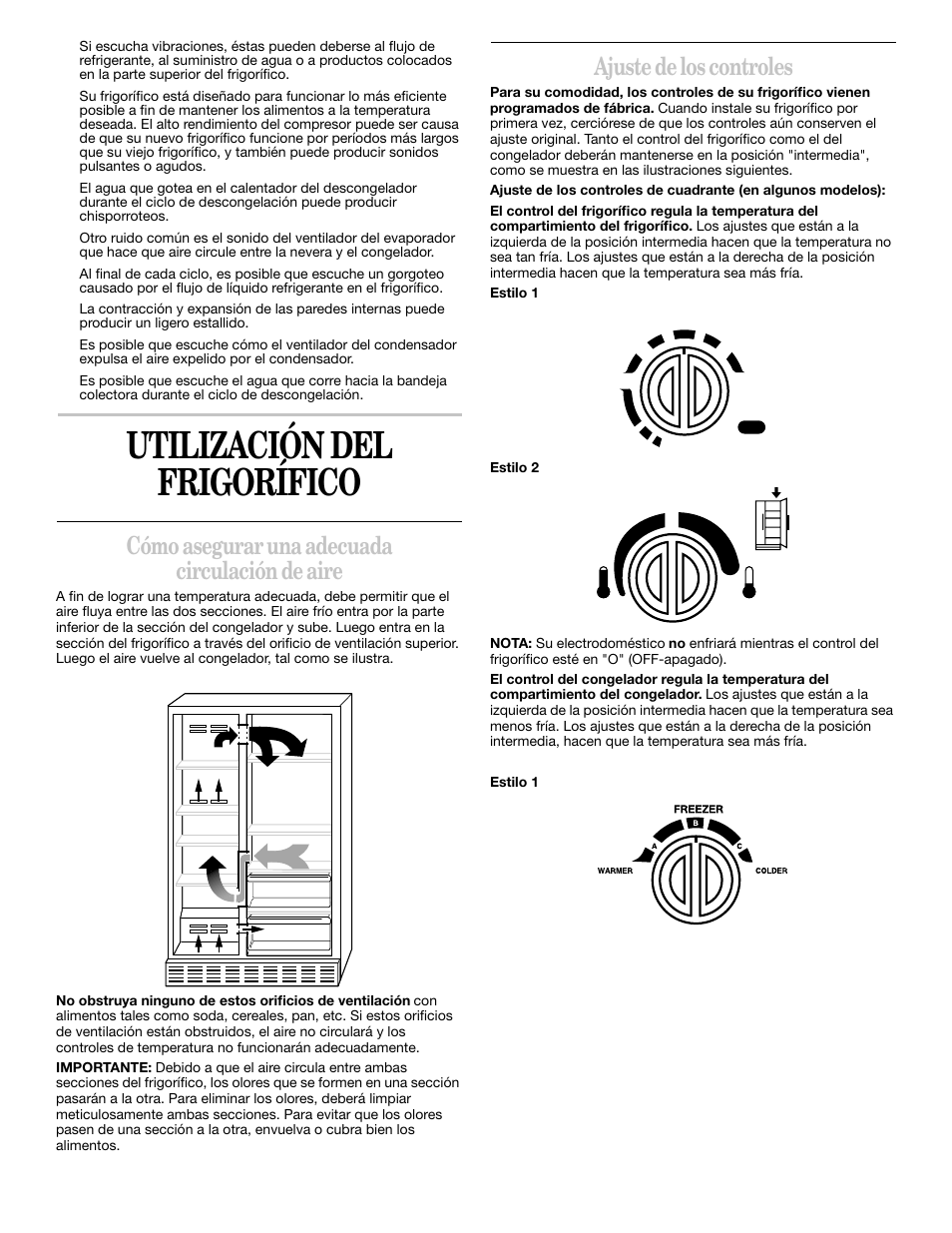 Utilización del frigorífico, Cómo asegurar una adecuada circulación de aire, Ajuste de los controles | Whirlpool 2211657 User Manual | Page 32 / 93