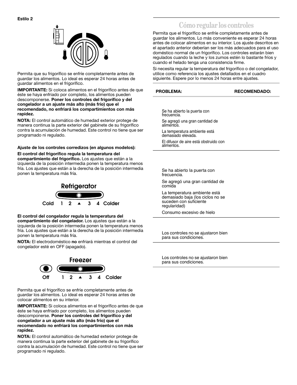 Cómo regular los controles, Refrigerator, Freezer | Whirlpool 2211657 User Manual | Page 33 / 93