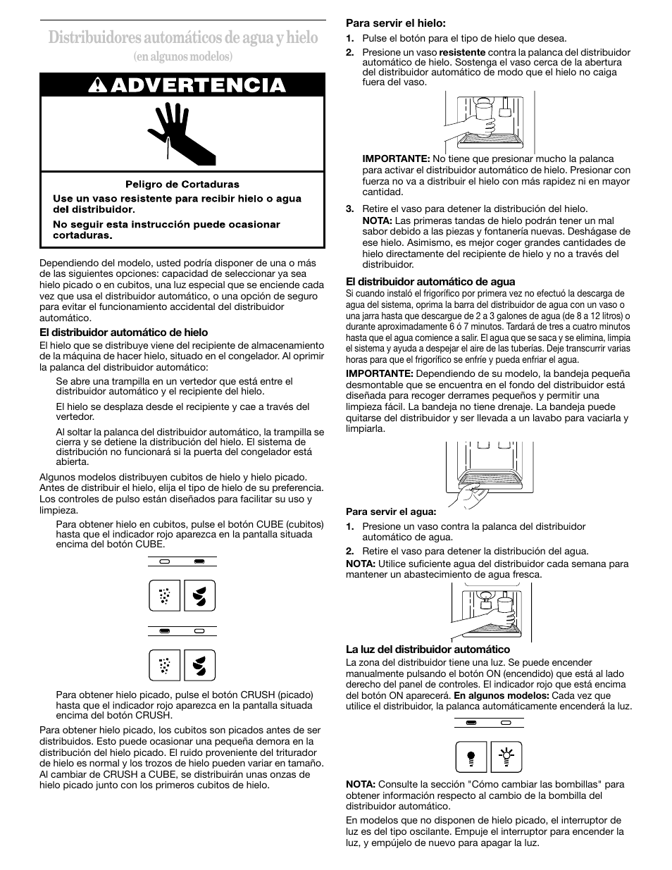 Distribuidores automáticos de agua y hielo, En algunos modelos) | Whirlpool 2211657 User Manual | Page 34 / 93