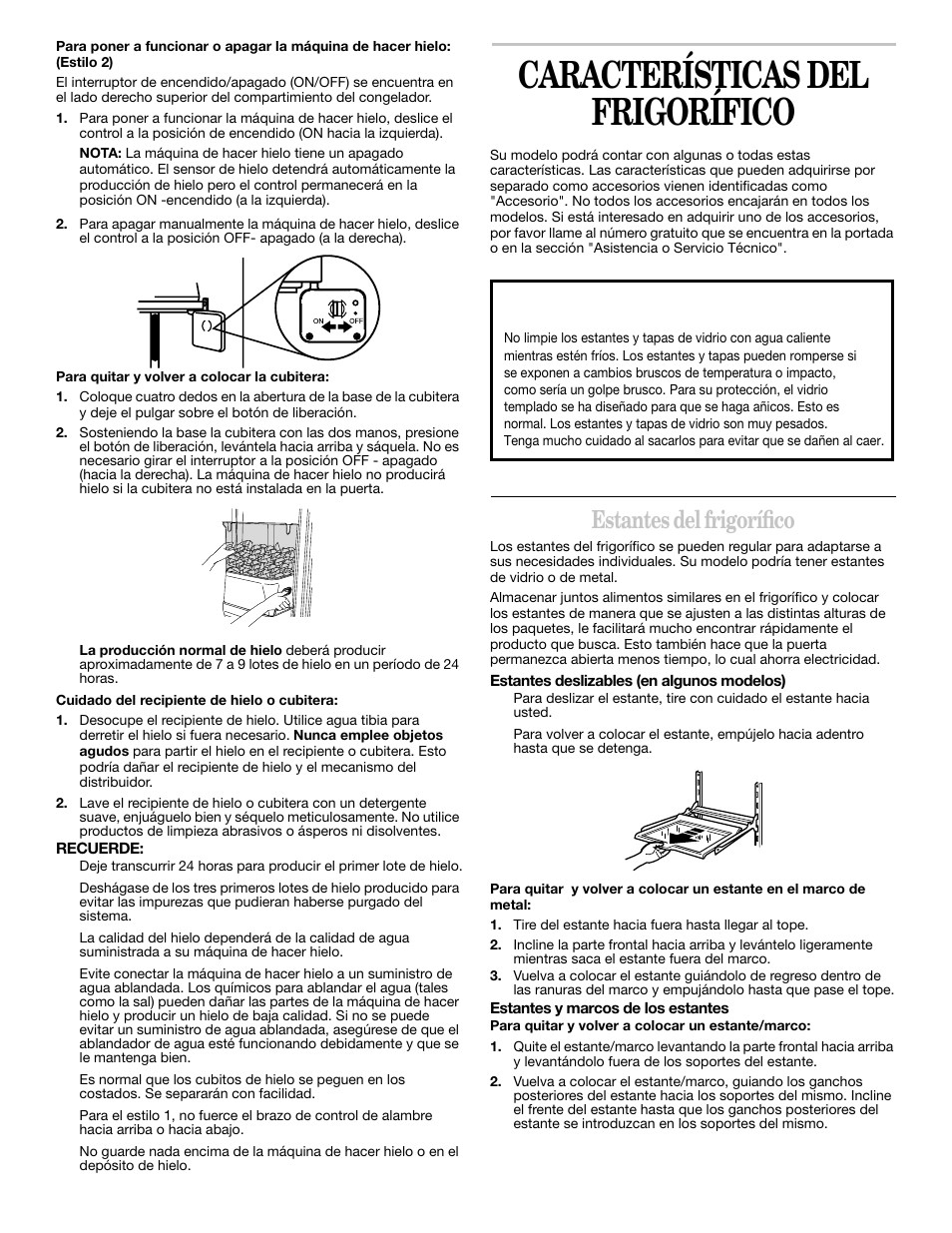 Características del frigorífico, Estantes del frigorífico | Whirlpool 2211657 User Manual | Page 37 / 93