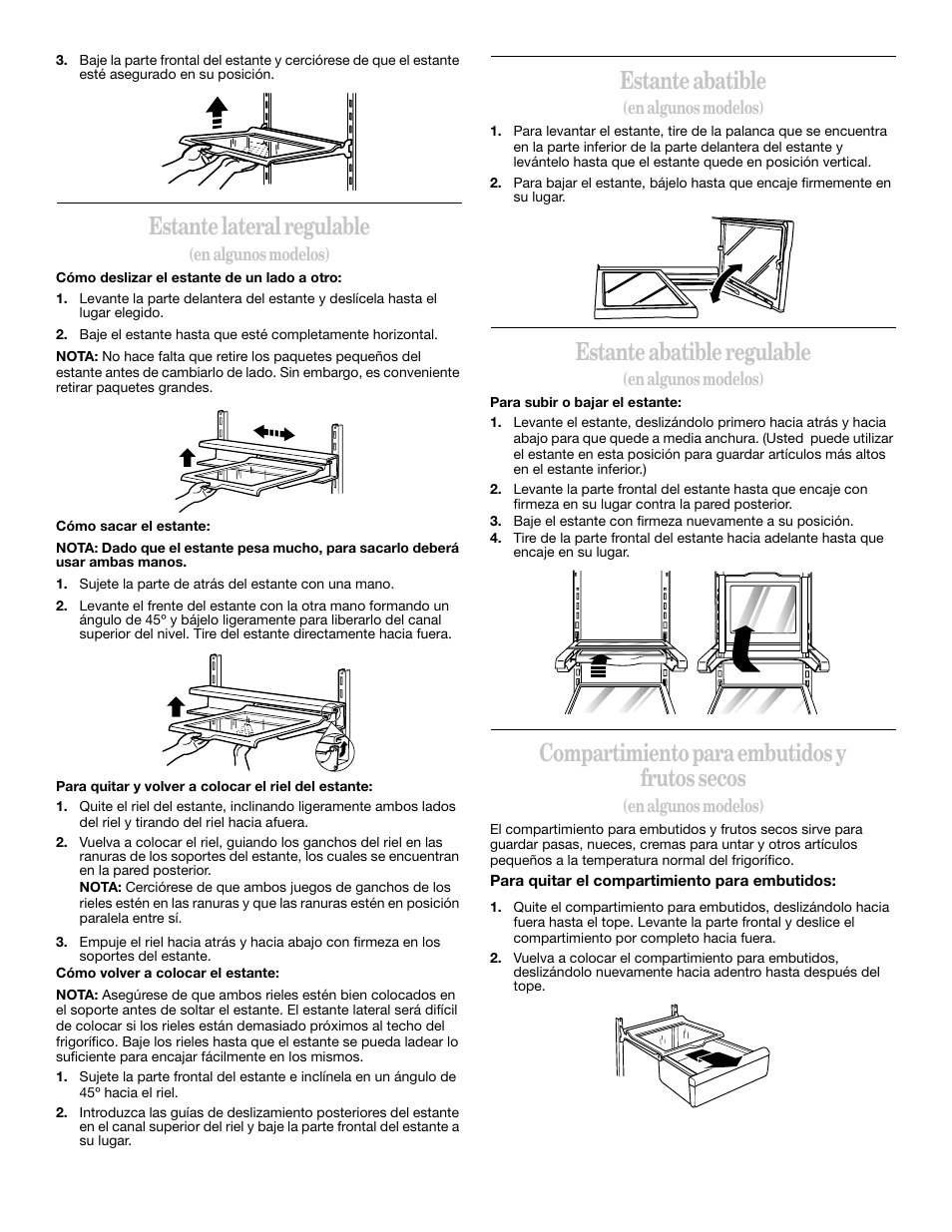 Estante lateral regulable, Estante abatible, Estante abatible regulable | Compartimiento para embutidos y frutos secos | Whirlpool 2211657 User Manual | Page 38 / 93