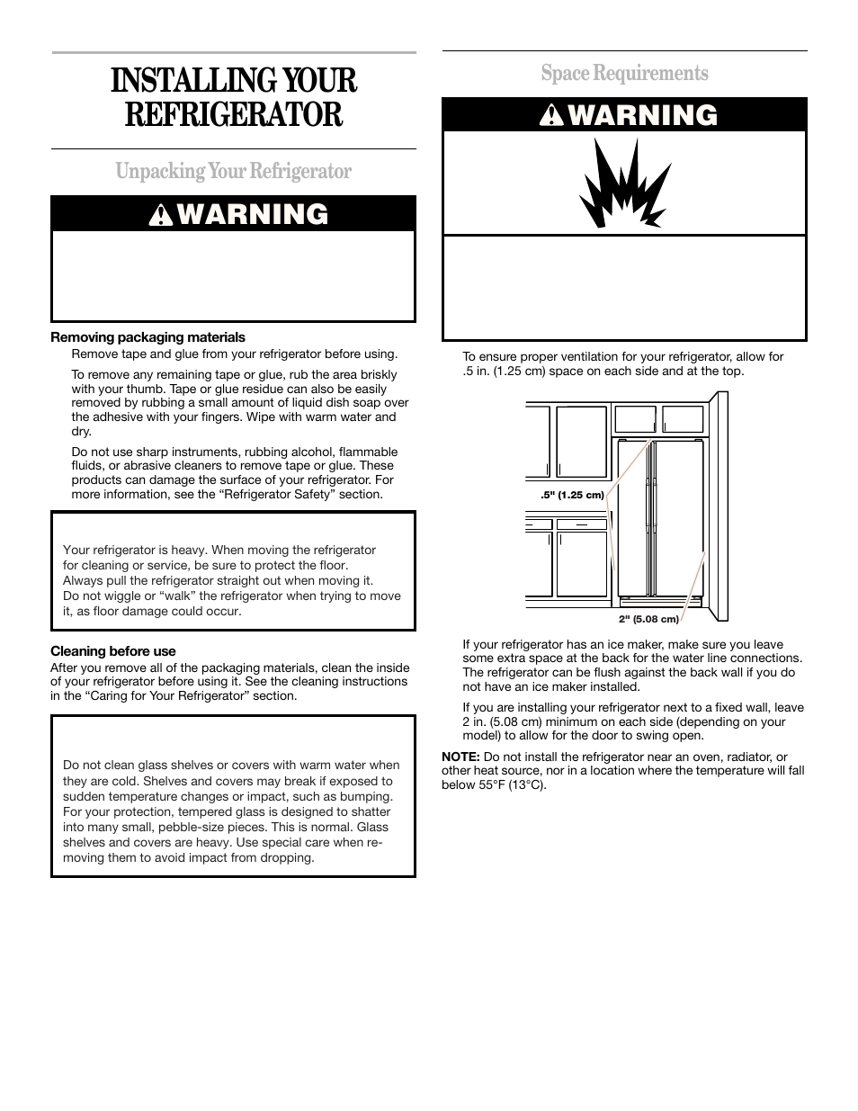 Installing your refrigerator, Warning, Unpacking your refrigerator | Space requirements | Whirlpool 2211657 User Manual | Page 4 / 93