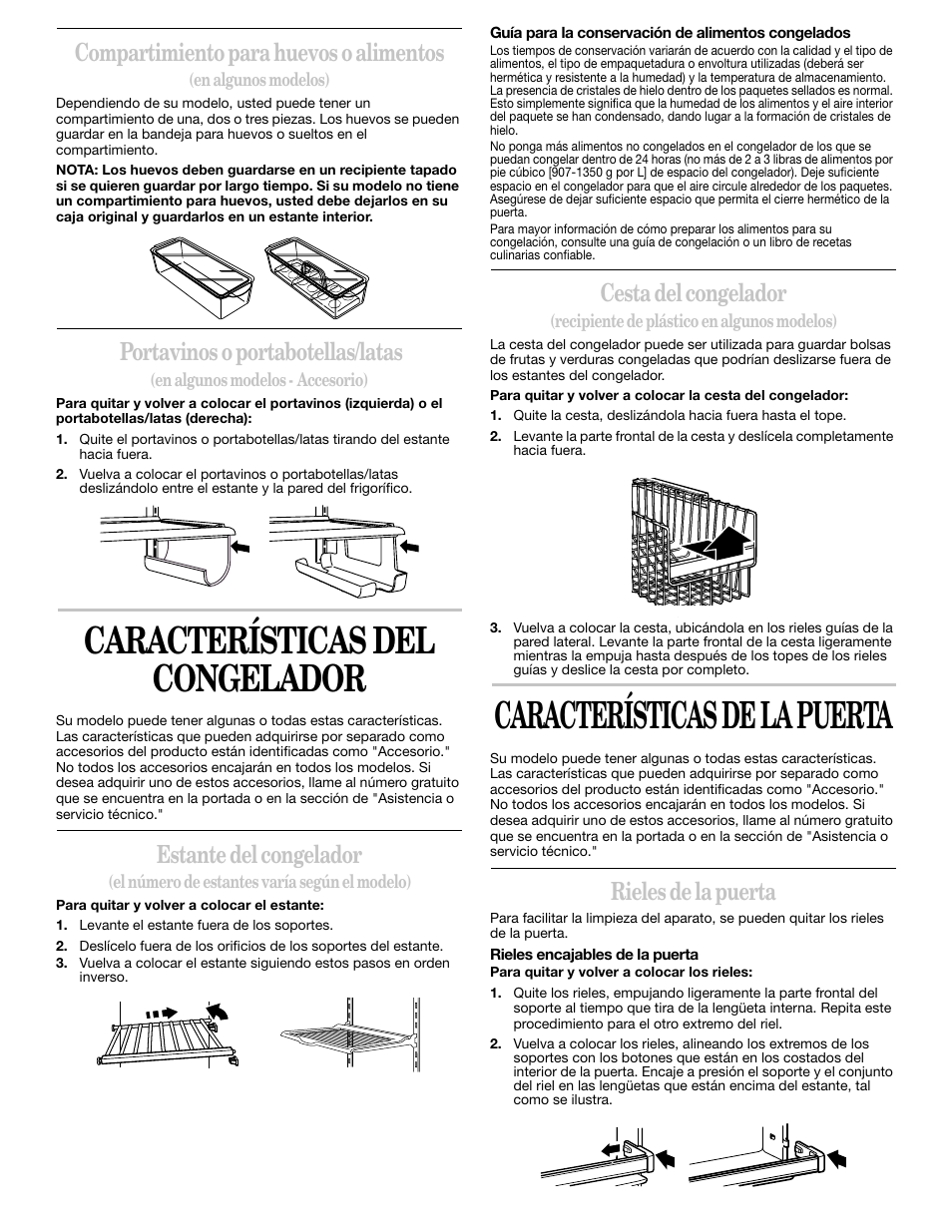 Características del congelador, Características de la puerta, Compartimiento para huevos o alimentos | Portavinos o portabotellas/latas, Estante del congelador, Cesta del congelador, Rieles de la puerta | Whirlpool 2211657 User Manual | Page 40 / 93