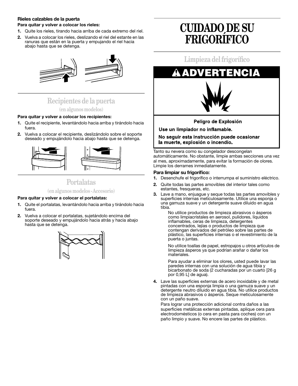 Cuidado de su frigorífico, Recipientes de la puerta, Portalatas | Limpieza del frigorífico | Whirlpool 2211657 User Manual | Page 41 / 93